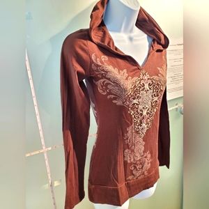 Ladies, Small, V-Neck, Long Sleeve Hoodie, Brown, White Angel Wings, Rhinestones